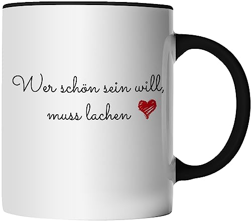 DragonHive Tasse Wer schön sein will muss lachen Tasse beidseitig bedruckt Hochwertige Keramik Kaffeetasse für Freundin Geschenkidee Bürotasse Teebecher lustiges Geschenk 330ml Farbe: Schwarz von DragonHive