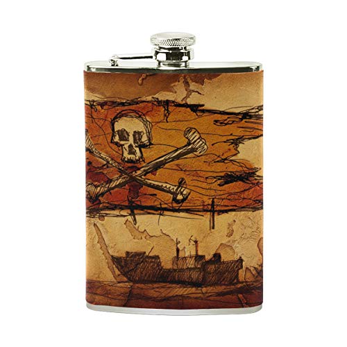 COOSUN Skizze der Piraten auf dem Meer Trinkflasche mit PU-Leder umwickelt, Edelstahl, auslaufsicher, Likör-Flachmann, 237 ml von DragonSwordlinsu