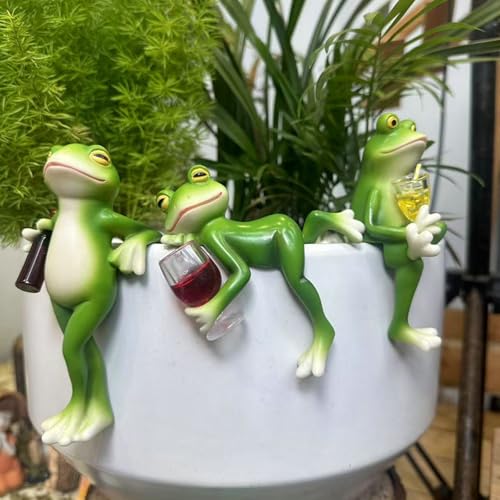 3 Stück Blumentopf Hänger Frösche Deko Figuren Mit Weinglas, Frosch Deko Gartendeko Für Draußen Figuren Für Zinkwannen Pflanzschale Garten Balkon Terrasse Teiche Deko von DragonX2