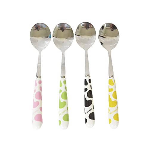 DessertlöFfel Lang Löffel Keramikgriff Ice Cream Dessert Spoon Eislöffel Lang Edelstahl Esslöffel Set Cow Pattern Ceramic Handle Stainless Steel Tableware Coffee Spoon, Dessert Spoon(4pc) von DragonX2