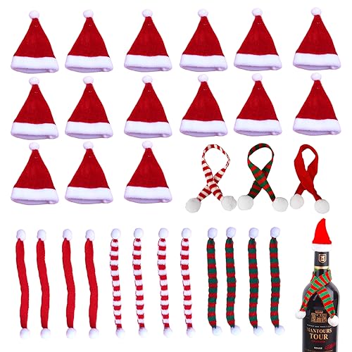 DragonX2 30 Stück Set Aus Mini-WeihnachtsmannmüTze Und Schal weihnachtsmütze mit weihnachtsschal für Weihnachten Weinflasche Abdeckung, Puppenhaus, Weihnachtsfeiern von DragonX2
