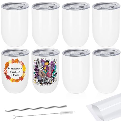 Draheri Doppelwandige isolierte Weingläser aus Edelstahl, Rohlinge in Großpackung, Sublimationsbecher und Becher mit Strohhalm und Strohhalmbürste, einzeln verpackt (8 Stück) von Draheri