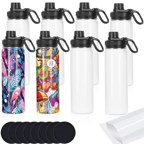 Draheri Sublimations-Sport-Wasserflasche, blanko, 625 ml, Sublimationsbecher, Edelstahl, doppelwandig, isoliert, Sublimationsbecher mit tragbarem Griff, einzeln verpackt (8 Stück) von Draheri
