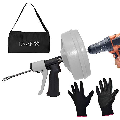 DrainX Spinfeed 50 Fuß Trommelschnecke, manuelle Verwendung oder Bohrmaschinen-Antrieb, automatische Verlängerung und Einziehung der Sanitärschlange, Arbeitshandschuhe und Aufbewahrungstasche im von DrainX