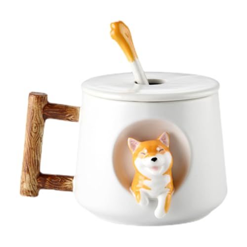 Dranng Hunde Kaffeetasse, Kreativer Süßer Hund, Haushalts Paar Tasse, 420 Ml Cartoon Keramikbecher Mit Deckellöffel, Milchtee Getränk, Heimdekoration von Dranng