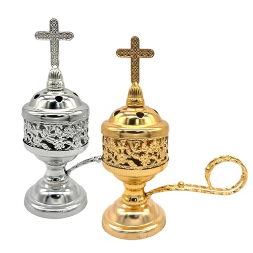 Dranng Kreuz Räuchergefäß | Räucherstäbchen Mit Metallkreuz, Stand Weihrauch Gefäß Mit Griff Messing, Kleine Heimdekoration Und Duft Für Ätherische Aromatherapie Öle von Dranng