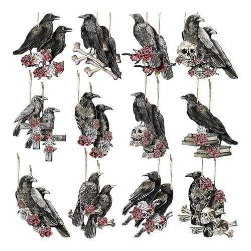 Dranng Schwarze Krähen-Dekorationen, 24 x Gothic-Basteldekoration, Rabenschädel, Blumen-Ornamente, Raben-Baumspitze mit Seil für Spukhaus von Dranng