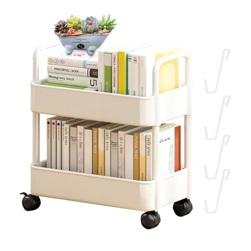 Dranng beweglicher bücherregal Wagen, Rollwagen mit Haken| 2-stufiges bewegliches Bücherregal für den Haushalt | Aufbewahrungswagen für Snacks und Spielzeug, Bücherregal mit Rädern für den Haushalt von Dranng