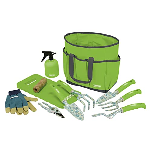 Draper 08999 Gartenwerkzeug-Set mit Blumenmuster (11-teilig), robuste Aluminium-Gartengeräte, Tasche und Handschuhe von Draper