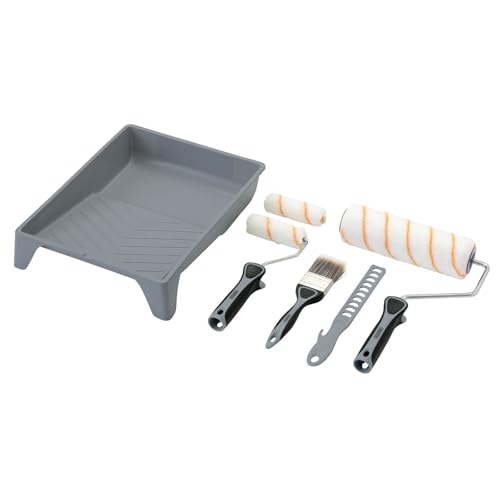 Draper 20787 Farbroller- und Pinsel-Set mit mittelflorigem Polyester, mit weichem Griff, 8-teilig, enthält 10,2 cm und 22,9 cm Hülsen, Rahmen, 22,9 cm Tablett, 50 mm Pinsel und Farbrührer von Draper