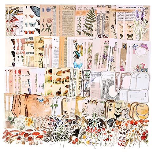 Draupnir 200 Stück Vintage Scrapbooking Papier Washi Sticker Aesthetic Set Aufkleber Schmetterlinge Bäume Thematisch Scrapbook Zubehör für Kalender Notizbuch Tagebuch - Natur von Draupnir