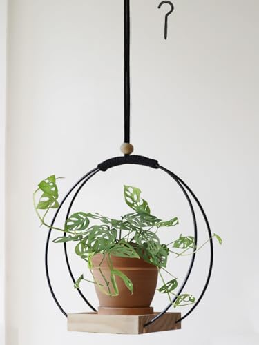 Dravmola Pflanzenhänger mit Holzboden: Boho-Makramee-Hängepflanzenhalter für Zimmerpflanzen, hängender Pflanzenhalter für Wand, Fenster, Raumdekoration, schwarz, Topf und Pflanze nicht im Lieferumfang von Dravmola