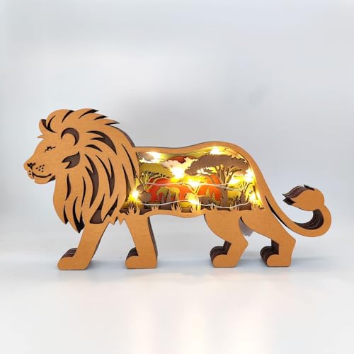 Drawelry 3D Holz Löwe Statue Handwerk Ornamente mit LED Nachtlicht Löwenkönig Kunsthandwerk Tiere Holzskulptur Dekoration für Schlafzimmer Wohnzimmer Kinderzimmer Tisch Wand Deko (Löwe, Mit Licht) von Drawelry