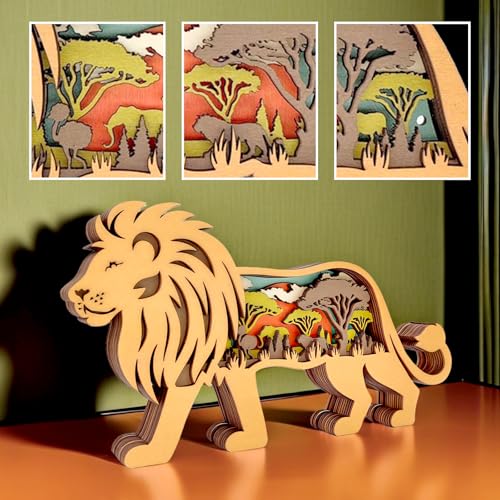 Drawelry 3D Holz Bison Statue Handwerk mit LED Nachtlicht Stier Kunsthandwerk Ornamente Tiere Holzskulptur Dekoration für Schlafzimmer Wohnzimmer Kinderzimmer Tisch Wand Deko (Löwe, Kein Licht) von Drawelry