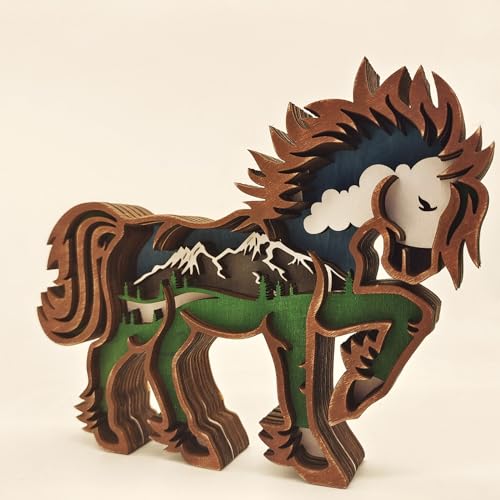 Drawelry 3D Holz Tiere Schnitzerei Skulpturen Ornament, Mehrschichtig Holz Synthese Wald Tier Gravur Regal Statuen Handwerk für Home Büro Desktop Weihnachten Neujahr Festival Dekor (Pferd) von Drawelry