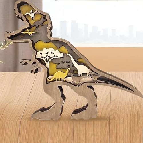 Drawelry 3D Holz Tiere Schnitzerei Skulpturen Ornament, Mehrschichtig Holz Synthese Wald Tier Gravur Regal Statuen Handwerk für Home Büro Desktop Weihnachten Neujahr Festival Dekor (Tyrannosaurus) von Drawelry