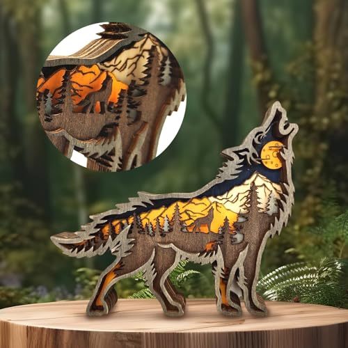 Drawelry 3D Holz Tiere Schnitzerei Skulpturen Ornament, Mehrschichtig Holz Synthese Wald Tier Gravur Regal Statuen Handwerk für Home Büro Desktop Weihnachten Neujahr Festival Dekor (Wolf) von Drawelry