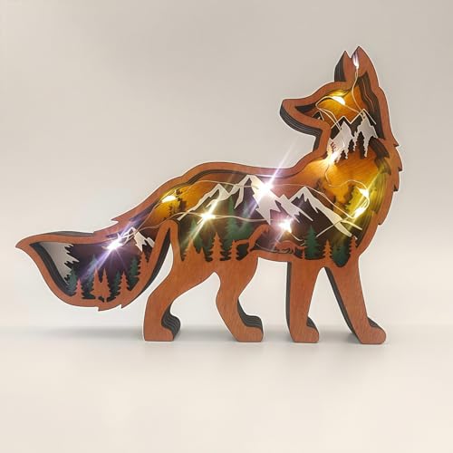 Drawelry 3D Holz Fuch Statue Ornamente Waldtiere Holzschnitzerei Fuchs Bär Wolf Elefant Elch Skulptur Tier Kunsthandwerk Dekoration für Heim Büro Schlafzimmer Wand Tisch Weihnachten Deko (Fuchs) von Drawelry