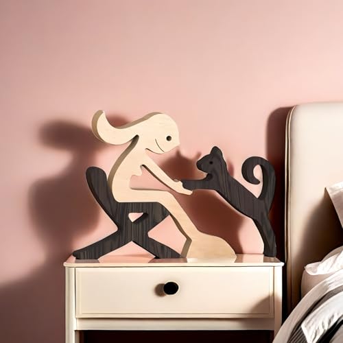 Drawelry Kreativ Holz Mensch Welpen Skulptur Holzstatue Dekoration Handgefertigt Geschnitzt Frauen Männer Haustier Hunde Katze Figuren Ornamente Heimdekor für Hundeliebhaber Geschenke (A2) von Drawelry