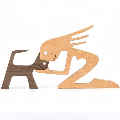 Drawelry Kreativ Holz Mensch Welpen Skulptur Holzstatue Dekoration Handgefertigt Geschnitzt Frauen Männer Haustier Hunde Katze Figuren Ornamente Heimdekor für Hundeliebhaber Geschenke (B04) von Drawelry