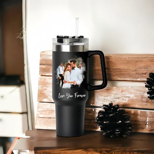 Drawelry Personalisierte Foto Thermobecher mit Henkel Deckel Strohhalm 1.2L Edelstahl Trinkflasche Kaffee Wasser Trink Reise Auto Becher Geburtstag Geschenke für Frauen Männer Paar Liebhaber (B6) von Drawelry