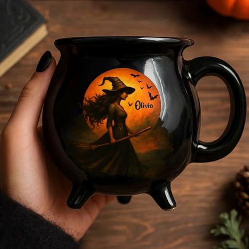 Drawelry Personalisiert Hexenkessel Kaffeetasse mit Name Brief Katze Geist Kaffeebecher Keramik Tasse Tee Saft Kaffee Becher Geburtstag Halloween Geschenke für Familie Freunde Paar (Mond) von Drawelry