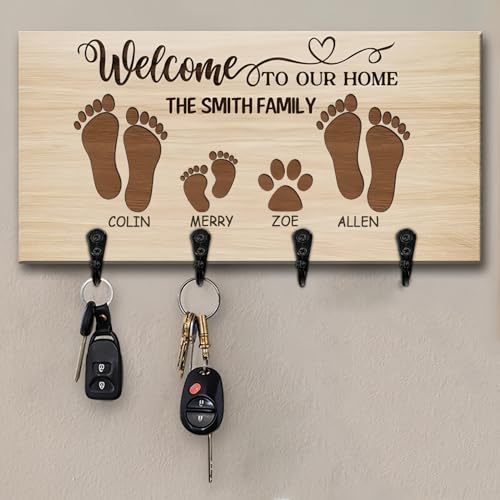Drawelry Personalisiert Holz Schlüsselhalter mit Namen Gravur 4 Keys Hanger Haken Schlüsselbrett Flur Wand Deko Schlüsselhaken Schlüssel Halter Kreativität Geburtstag Geschenk für Familie Freunde (A7) von Drawelry