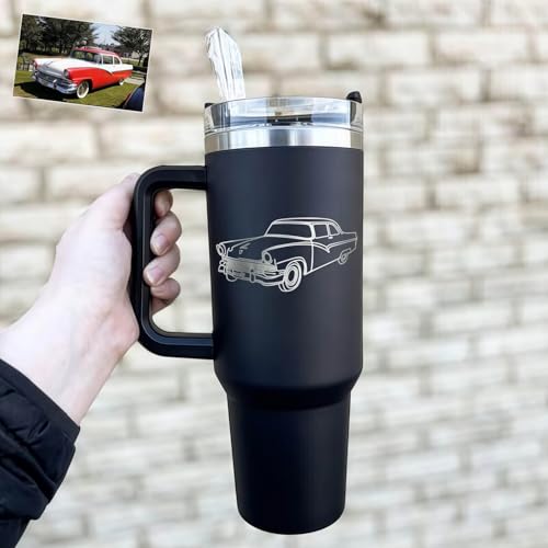 Drawelry Personalisierte Foto Thermobecher mit Henkel Deckel Strohhalm 1.2L Edelstahl Trinkflasche Kaffee Wasser Trink Reise Auto Becher Geburtstag Geschenke für Frauen Männer Paar Liebhaber (B7) von Drawelry