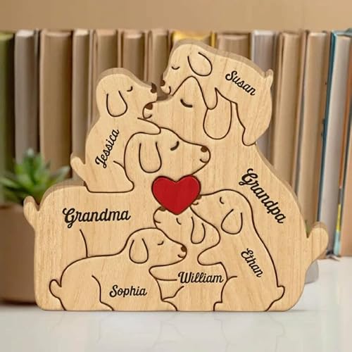 Drawelry Personalisierte Holzpuzzle Tier Statue Ornament mit 2-9 Namen Gravur Handwerk Holz Bär Skulptur Puzzle Dekoration Weihnachten Geburtstag Geschenk für Familie Freunde Paare (Hunde) von Drawelry