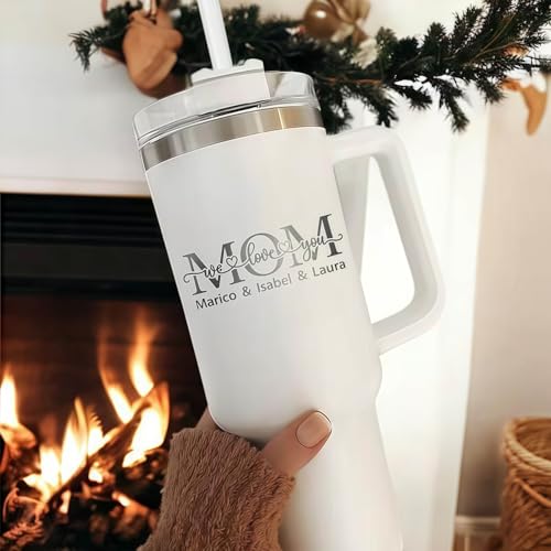 Drawelry Namen Thermobecher Personalisierte mit Griff, Deckel und Strohhalm Trinkflasche Edelstahl 1.2L Auto Kaffee Trink Tumbler Becher Geburtstag Geschenke für Frauen Männer Mama Papa Freundin (C4) von Drawelry