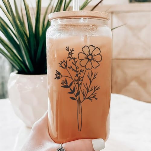 Geburtsblume Gläser mit Deckel und Strohhalm, 450ml Cocktailgläser Einzigartig Glasbecher mit Blume, Eiskaffee Gläser, Trinkgläser mit Deckel und Strohhalm für Cocktails, Soda (Oktober, Transparent) von Drawelry