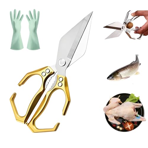 Seattleget Multifunktionale Hochleistungs-Küchenschere, 2-in-1-Küchenschere, Allzweck-Küchenschere aus Edelstahl mit Walnussknacker, für Fleisch, Hähnchen und Fisch (Gold) von Drbrrly