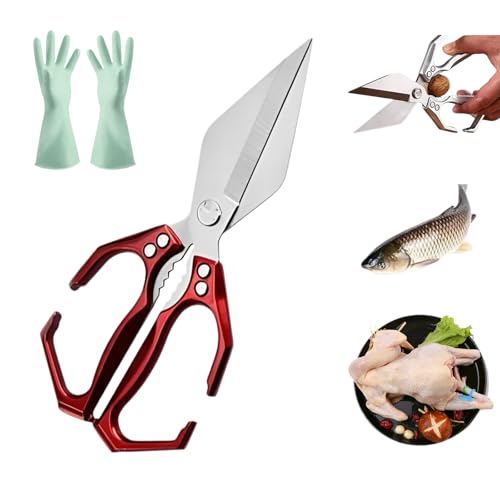 Seattleget Multifunktionale Hochleistungs-Küchenschere, 2-in-1-Küchenschere, Allzweck-Küchenschere aus Edelstahl mit Walnussknacker, für Fleisch, Hähnchen und Fisch (Rot) von Drbrrly