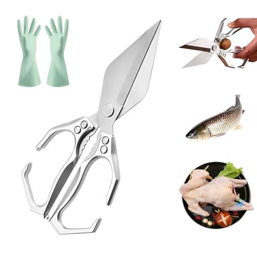 Seattleget Multifunktionale Hochleistungs-Küchenschere, 2-in-1-Küchenschere, Allzweck-Küchenschere aus Edelstahl mit Walnussknacker, für Fleisch, Hähnchen und Fisch (Silber) von Drbrrly