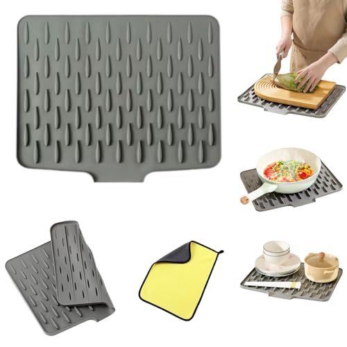 Wanishauber Abtropfmatte, Wanishauber Arbeitsplattenschutz, Auslaufsicherer Arbeitsplattenschutz aus Silikon – Hitzebeständige und rutschfeste Matte für tropffreies Abtrocknen (Grau, L) von Drbrrly