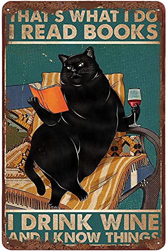 Blechschild mit Aufschrift "Cat I Read Books I Drink Wine", lustige Katze, Vintage-Stil, schwarze Katze, Wandkunst, Buchliebhaber, Geschenk für Schlafzimmer, Badezimmer, Café, Bar, Club, Männerhöhle, von Dreacoss