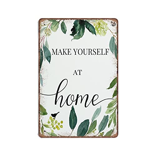 Blechschilder mit Aufschrift "Make Yourself at Home", Motiv: grüner Kranz, Willkommensschild, Eingang, lustiges Vintage-Metallschild, Plaqu-Poster, Wandkunst, Kneipe, Bar, Küche, Garten, Badezimmer Blechschilder mit Aufschrift "Make Yourself at Home", Motiv: grüner Kranz, Willkommensschild, Eingang, lustiges Vintage-Metallschild, Plaqu-Poster, Wandkunst, Kneipe, Bar, Küche, Garten, Badezimmer von Dreacoss