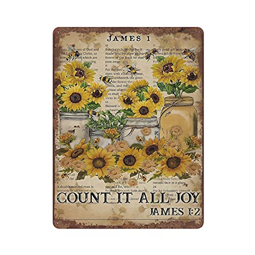 Count It All Joy Biene Retro-Blechschild Bienenschilder Blume Wandkunst Dekor Sonnenblume Dekor für Zuhause Schlafzimmer Badezimmer Küche Garten Bauernhaus Wandschild Geburtstag Jahrestag von Dreacoss