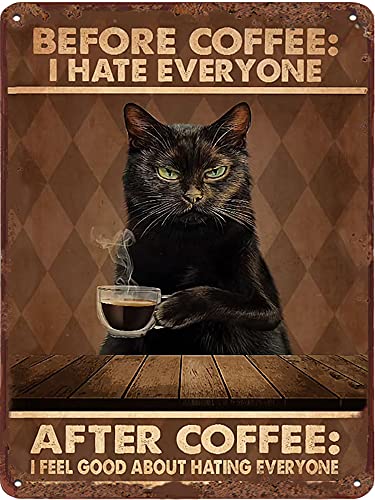 Dreacoss Blechschild „Before Coffee I Hate Everyone“ mit schwarzer Katze, Tier-Wanddekoration, Kaffeeliebhaber, Geschenk für Café, Bar, Club, Kneipe, Männerhöhle, lustige Heimdekoration, 14x20 cm von Dreacoss