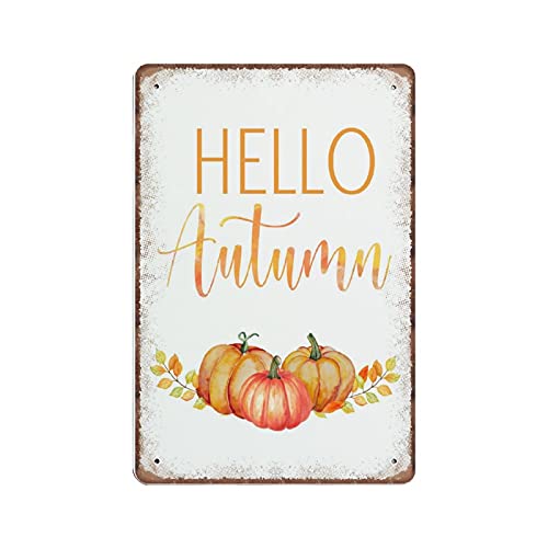 Dreacoss Hello Autumn Blechschilder, Herbst-Wandkunst, Retro, lustiges Metallschild, Vintage-Poster, Wandkunst für Küche, Garten, Badezimmer, Bauernhof, Zuhause, Kaffee-Dekor, Blechschild, 20 x 30 cm von Dreacoss