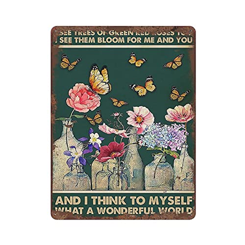 Dreacoss Retro-Blechschild mit Aufschrift "And I Think What A Wonderful World", Retro-Blechschild, Blumen, Wandkunst, Schmetterlinge, Wanddekoration, Musikdekoration für Zuhause, Schlafzimmer, Garten von Dreacoss