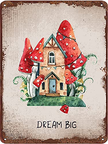Dream Big Mushroom House Vintage Blechschild Botanisches Haus Wandkunst Natur Wanddekoration für Schlafzimmer Wohnzimmer Büro Kaffee Bar Club Einweihungsgeschenk 14 x 20 cm von Dreacoss