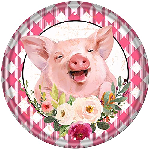 Pinkes Gingham-Schweinekranz-Schild – Bauernhaus-Plaid-Kranz-Aufsatz, Kreiskranz-Aufsatz, Kaffeebar, Wohnzimmer, Bauernhaus, Wanddekoration, rundes Blechschild, 30,5 x 30,5 cm von Dreacoss