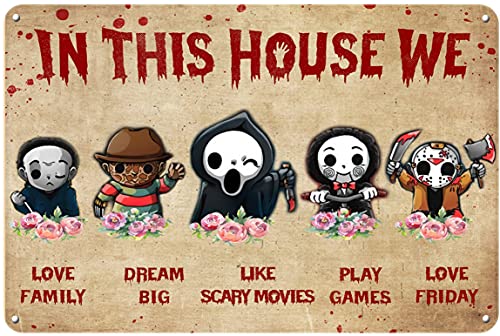 Retro-Metall-Blechschild Horror Movies In This House We Love Family Poster Halloween Figuren Wandkunst, Vintage-Wanddekoration für Zuhause, Bars, Restaurants, Geschenk, 30.5x20.3 cm Retro-Metall-Blechschild Horror Movies In This House We Love Family Poster Halloween Figuren Wandkunst, Vintage-Wanddekoration für Zuhause, Bars, Restaurants, Geschenk, 30.5x20.3 cm von Dreacoss