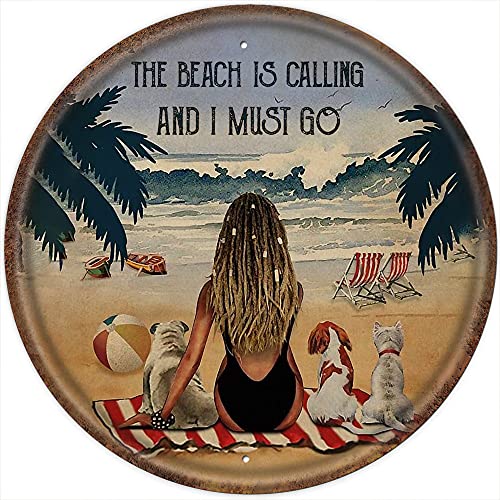Rundes Blechschild im Vintage-Stil, Motiv: Beach is Calling and I Must Go, für Hunde, Dreadlocks, Mädchen, Geschenk für Hundeliebhaber, Stranddekoration, Sommer, Stranddekoration, für Badezimmer Rundes Blechschild im Vintage-Stil, Motiv: Beach is Calling and I Must Go, für Hunde, Dreadlocks, Mädchen, Geschenk für Hundeliebhaber, Stranddekoration, Sommer, Stranddekoration, für Badezimmer von Dreacoss