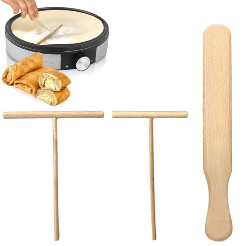 3 Stück Crepes Verteiler, Profi Crepes Wender und Teigverteiler Set, Holz Crepe Spatel Schieber und Verteiler, Tförmigen Crepes Maker Zubehör Spreader Pfannkuchenwender für Pfannkuchen Teig von Dreaku