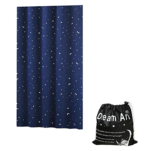 Dream Art Anywhere Temporäre Portable Blackout Vorhang/Einstellbare Blackout Shades Jalousien mit Saugnäpfen für Schlafzimmer oder Reise Gebrauch, Silber Moon& Star Folie Druck Blue Vorhang, 1 pc von Dream Art