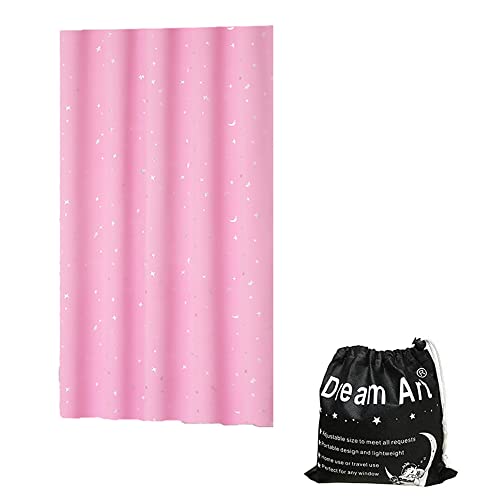 Dream Art Anywhere Temporäre Portable Blackout Vorhang/Einstellbare Blackout Shades Jalousien mit Saugnäpfen für Schlafzimmer oder Reise Gebrauch, Silber Moon& Star Folie Druck Rosa Vorhang, 1pc von Dream Art