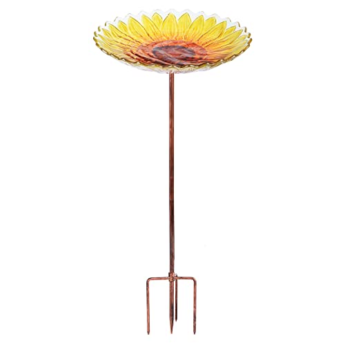 Vogeltränke aus Glas, 66 cm hoch, mit Metallpfahl für Garten, Rasen, Hof, Sonnenblume von Dream Garden