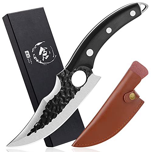 Dream Reach Ausbeinmesser Fleischerbeil Handgeschmiedete Hammer Textur Klinge Outdoor-Messer Kochmesser Full Tang gebogener Griff Metzger Fleisch Filetiermesser Hackmesser mit Lederscheide Geschenkbox von Dream Reach